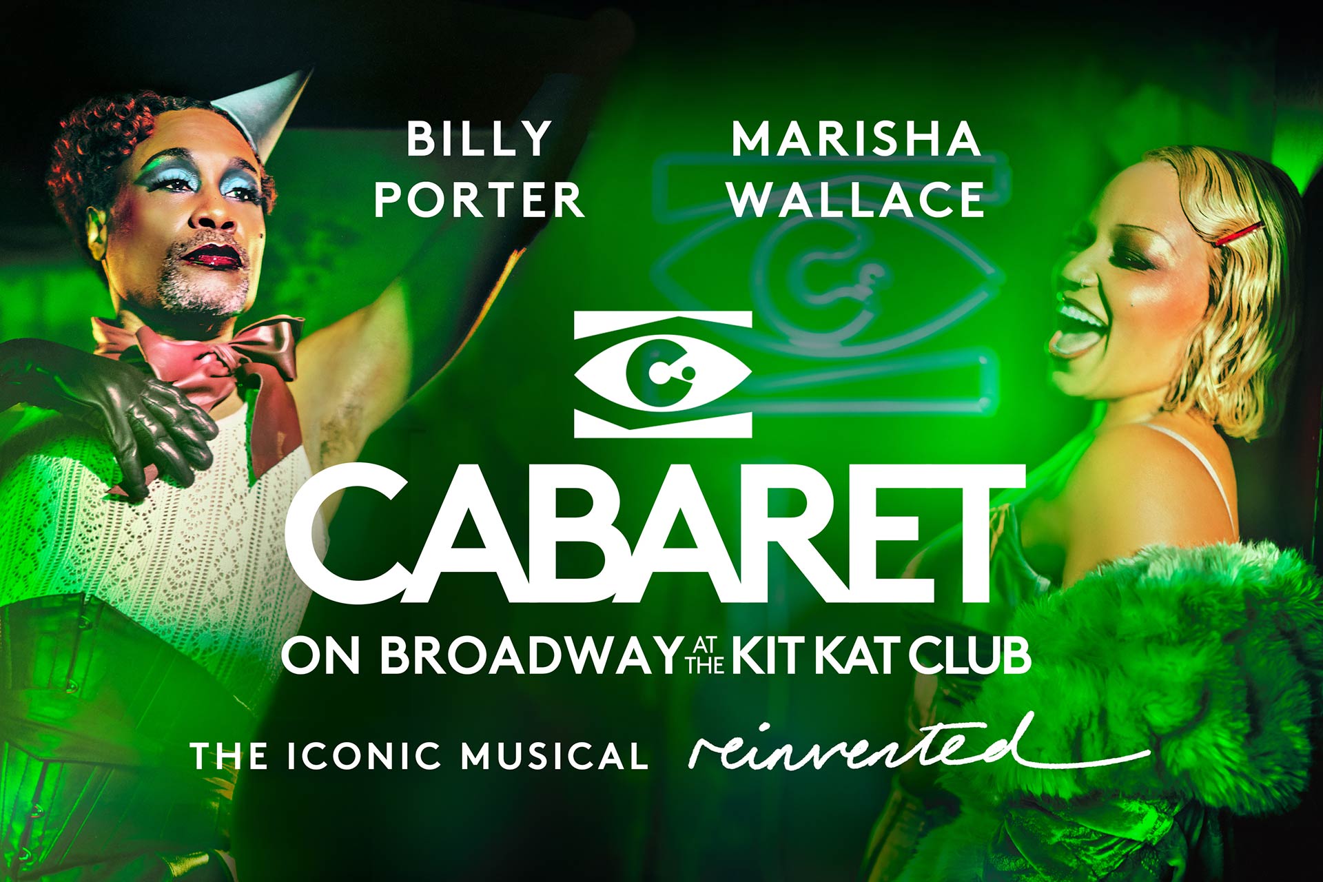 A dramatic promotional poster for "Cabaret at the Kit Kat Club" featuring two performers in expressive makeup and costumes. One is in dark, glittering attire, while the other wears a colorful outfit with bold makeup.