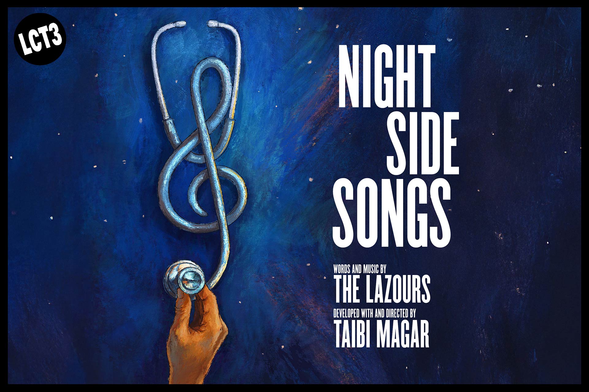 Illustration of a hand holding a stethoscope, with the tubing shaped like a treble clef, set against a dark blue background. Text reads: "Night Side Songs" with credits for The Lazours and Taibi Magar.