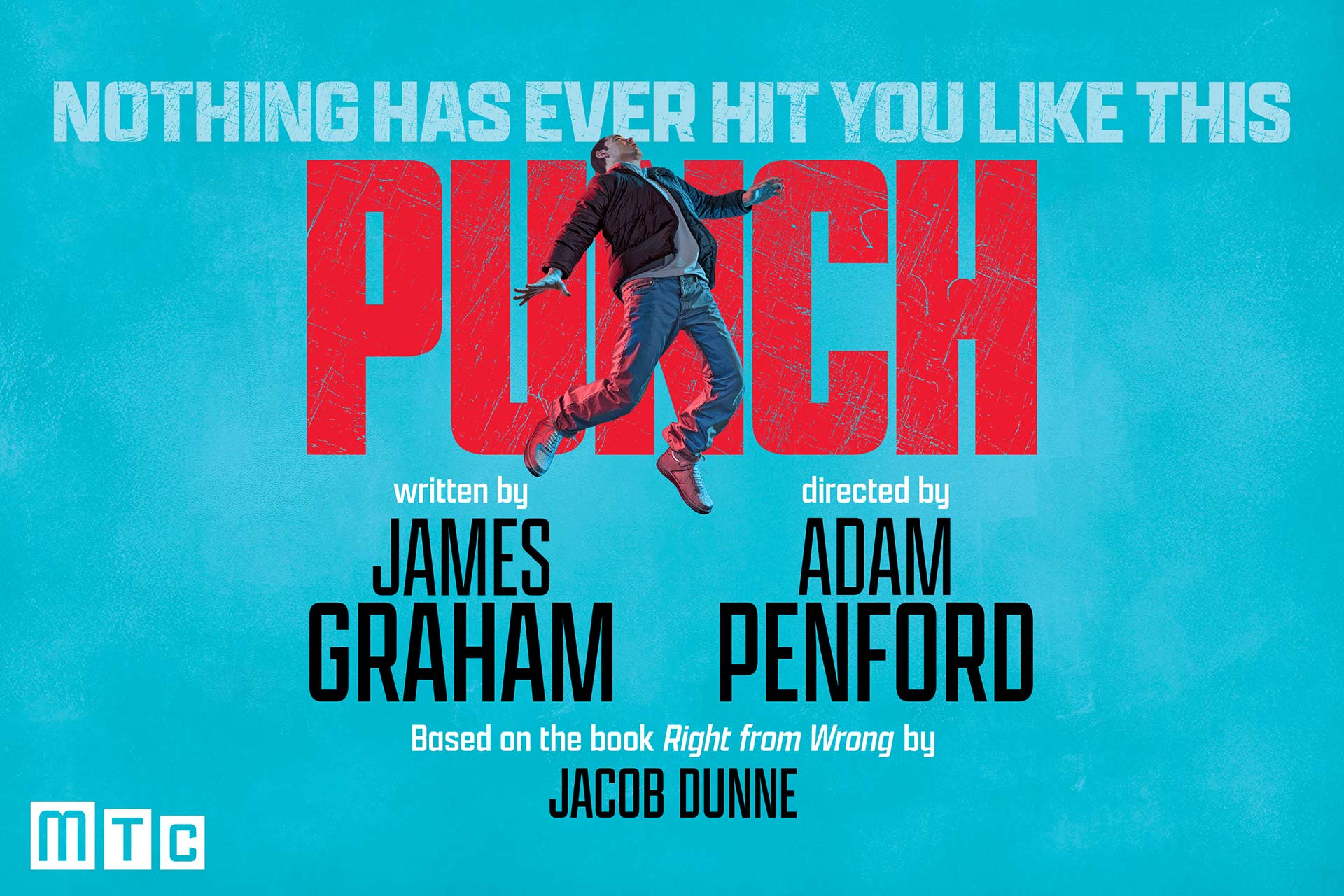A man in mid-air against a blue background with large red text reading "PUNCH." Above, white text says "Nothing has ever hit you like this." Credits for James Graham, Adam Penford, and Jacob Dunne appear below.