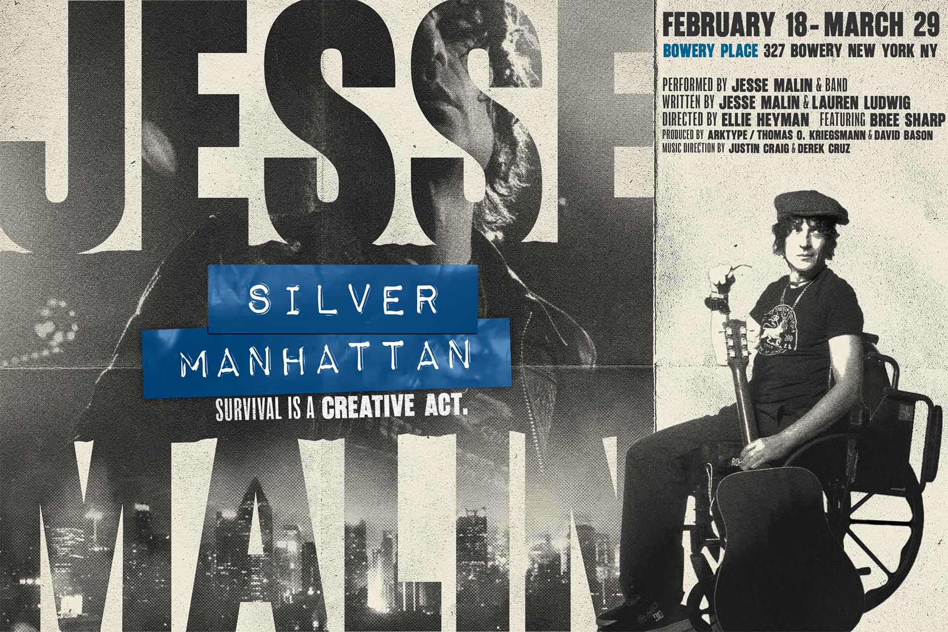 Black-and-white promo poster for "Silver Manhattan" featuring a man in a cap sitting on a director’s chair, large text with show details, and bold blue banner with the title. Urban, creative, and artistic design elements.